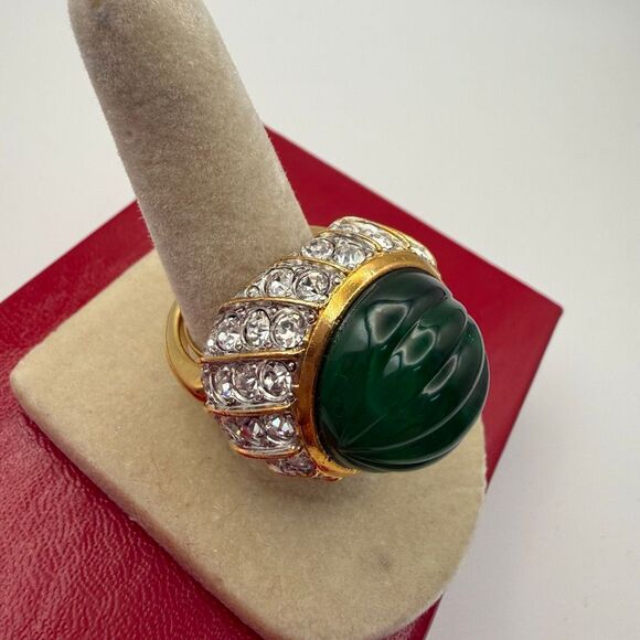 Kenneth Jay Lane Jewelry - Kenneth Jay Lane Faux Jade Emerald Rhinestone Dome Cocktail Ring Adjustable5-5.5
